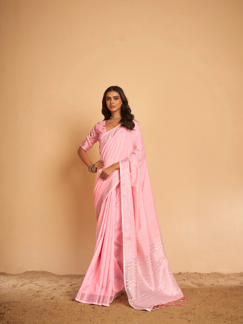 Dista Elora Light Pink Soft Linen Solid Foil Printed Designer Casual Saree