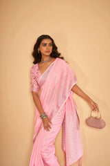 Dista Elora Light Pink Soft Linen Solid Foil Printed Designer Casual Saree, view 3
