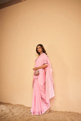 Dista Elora Light Pink Soft Linen Solid Foil Printed Designer Casual Saree, view 5