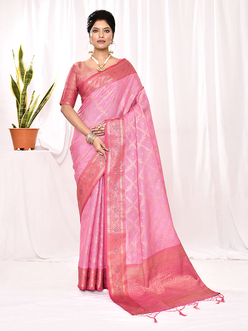 Dista Elora Light Pink Soft Silk Banarasi Woven Chex Weaving Saree