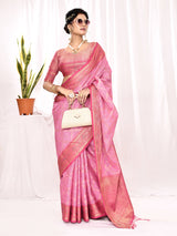 Dista Elora Light Pink Soft Silk Banarasi Woven Chex Weaving Saree, view 2