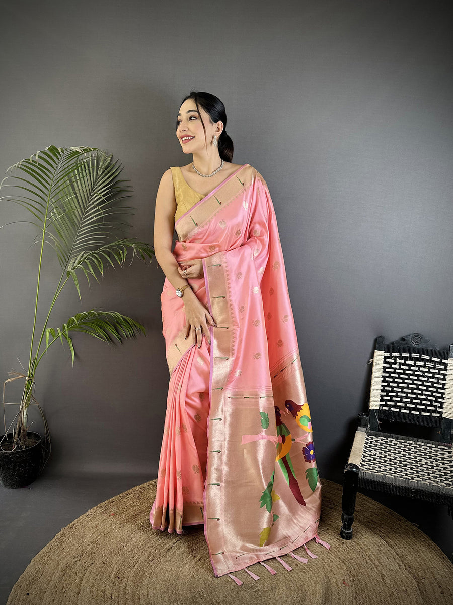 Dista Elora Light Pink Soft Silk Peacock & Floral Zari Motifs Kanchipuram Saree