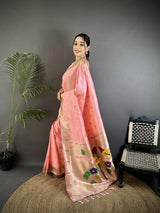 Dista Elora Light Pink Soft Silk Peacock & Floral Zari Motifs Kanchipuram Saree, view 2