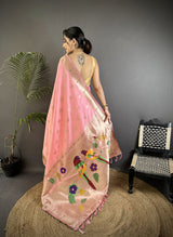 Dista Elora Light Pink Soft Silk Peacock & Floral Zari Motifs Kanchipuram Saree, view 3