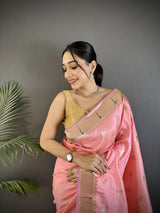 Dista Elora Light Pink Soft Silk Peacock & Floral Zari Motifs Kanchipuram Saree, view 4