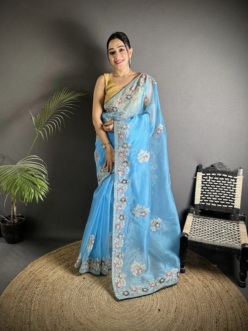 Dista Elora Light Turquoise Organza Silk Dubble Sequence Floral Embroidery Saree