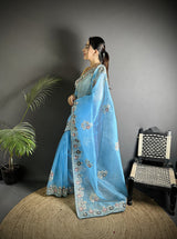 Dista Elora Light Turquoise Organza Silk Dubble Sequence Floral Embroidery Saree, view 2