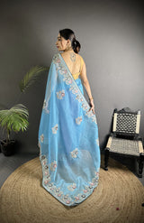 Dista Elora Light Turquoise Organza Silk Dubble Sequence Floral Embroidery Saree, view 3