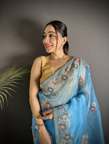 Dista Elora Light Turquoise Organza Silk Dubble Sequence Floral Embroidery Saree, view 4