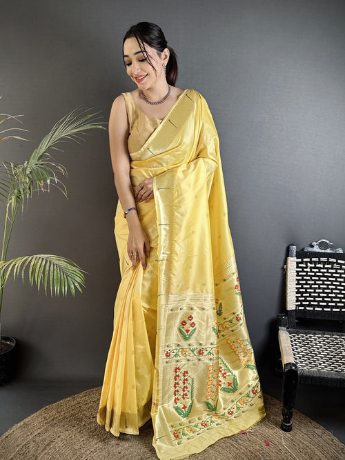 Dista Elora Light Yellow Lichi Silk Floral Ikat Motifs Zari weaving Paithani Saree