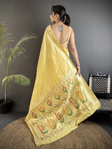 Dista Elora Light Yellow Lichi Silk Floral Ikat Motifs Zari weaving Paithani Saree, view 2