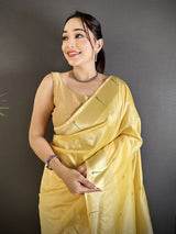 Dista Elora Light Yellow Lichi Silk Floral Ikat Motifs Zari weaving Paithani Saree, view 3