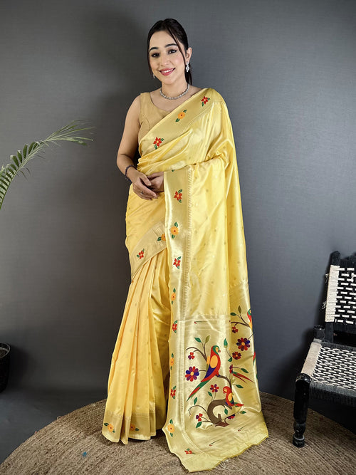 Dista Elora Light Yellow Lichi Silk Parrot & Floral Woven Design Zari Weaving Paithani Saree