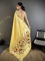 Dista Elora Light Yellow Lichi Silk Parrot & Floral Woven Design Zari Weaving Paithani Saree, view 2
