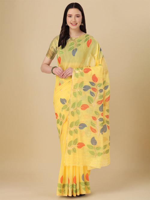 Dista Elora Light Yellow Soft Cotton Floral Printed Bhagalpuri Designer Saree