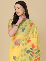 Dista Elora Light Yellow Soft Cotton Floral Printed Bhagalpuri Designer Saree, view 2