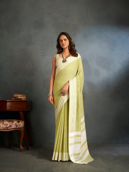 Dista Elora Light Yellow Soft Linen Silk Office Wear Saree With Chikankari Weaved Border