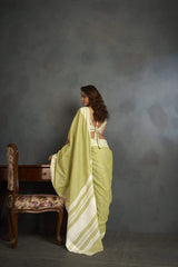 Dista Elora Light Yellow Soft Linen Silk Office Wear Saree With Chikankari Weaved Border, view 3