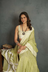Dista Elora Light Yellow Soft Linen Silk Office Wear Saree With Chikankari Weaved Border, view 4