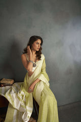 Dista Elora Light Yellow Soft Linen Silk Office Wear Saree With Chikankari Weaved Border, view 5