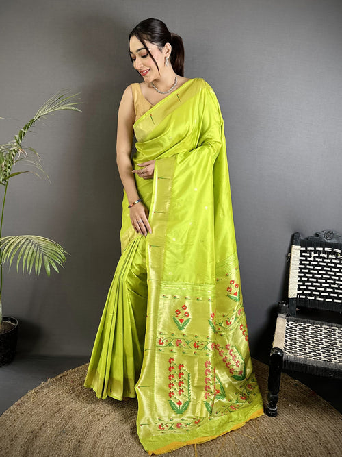 Dista Elora lime Green Lichi Silk Floral Ikat Motifs Zari weaving Paithani Saree