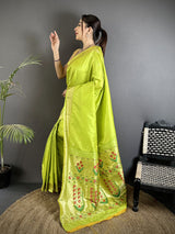 Dista Elora lime Green Lichi Silk Floral Ikat Motifs Zari weaving Paithani Saree, view 2