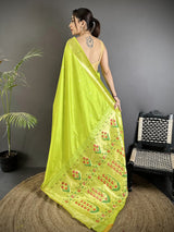 Dista Elora lime Green Lichi Silk Floral Ikat Motifs Zari weaving Paithani Saree, view 3