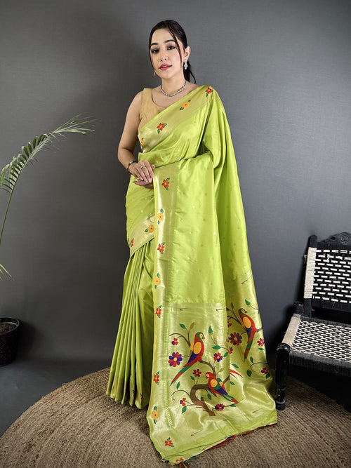 Dista Elora lime green Lichi Silk Parrot & Floral Woven Design Zari Weaving Paithani Saree
