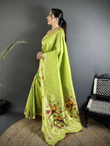 Dista Elora lime green Lichi Silk Parrot & Floral Woven Design Zari Weaving Paithani Saree, view 2