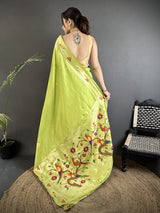 Dista Elora lime green Lichi Silk Parrot & Floral Woven Design Zari Weaving Paithani Saree, view 3