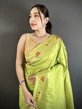 Dista Elora lime green Lichi Silk Parrot & Floral Woven Design Zari Weaving Paithani Saree, view 4