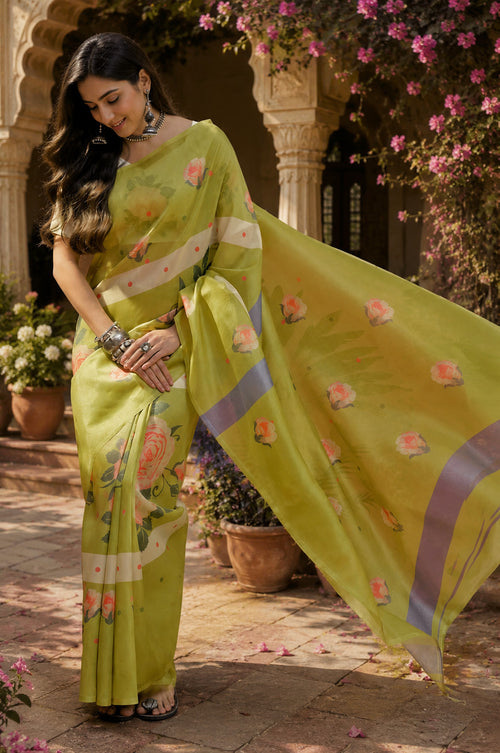 Dista Elora Lime Green Linen Floral Print Digital Print Bollywood Saree