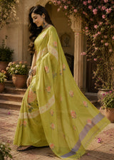 Dista Elora Lime Green Linen Floral Print Digital Print Bollywood Saree, view 2