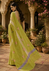 Dista Elora Lime Green Linen Floral Print Digital Print Bollywood Saree, view 3
