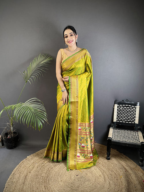 Dista Elora Lime Green Soft Lichi Silk Butti Meenakari Work Paithani Saree