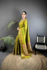 Dista Elora Lime Green Soft Lichi Silk Butti Meenakari Work Paithani Saree, view 2