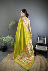 Dista Elora Lime Green Soft Lichi Silk Butti Meenakari Work Paithani Saree, view 3
