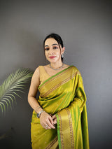 Dista Elora Lime Green Soft Lichi Silk Butti Meenakari Work Paithani Saree, view 4