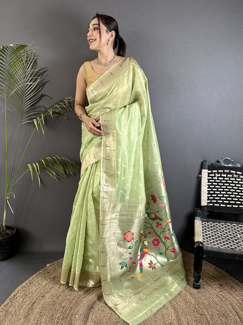 Dista Elora Lime Green Tissue Parrot & Floral Woven Design Paithani Saree