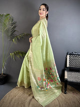 Dista Elora Lime Green Tissue Parrot & Floral Woven Design Paithani Saree, view 2