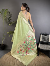 Dista Elora Lime Green Tissue Parrot & Floral Woven Design Paithani Saree, view 3