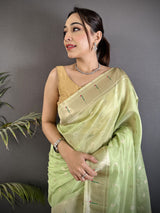 Dista Elora Lime Green Tissue Parrot & Floral Woven Design Paithani Saree, view 4