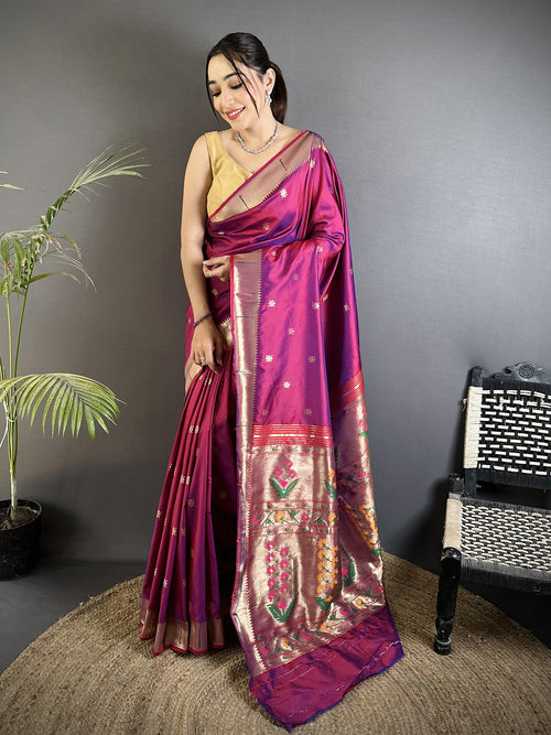 Dista Elora Magenta Lichi Silk Floral Ikat Motifs Zari weaving Paithani Saree