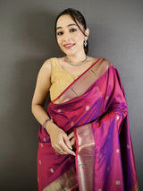Dista Elora Magenta Lichi Silk Floral Ikat Motifs Zari weaving Paithani Saree, view 3