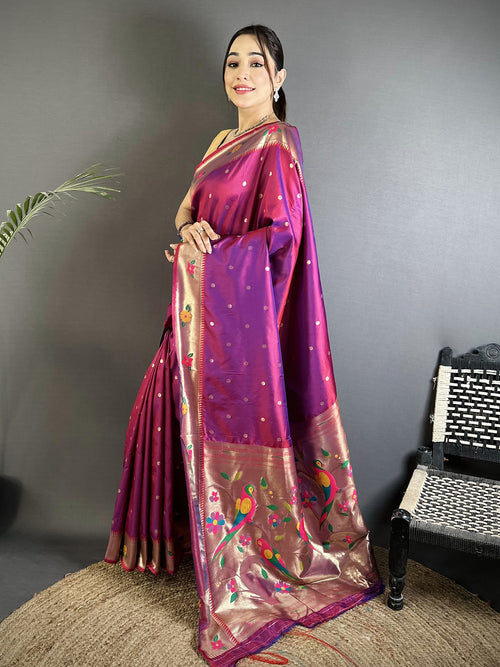 Dista Elora Magenta Lichi Silk Parrot & Floral Woven Design Zari Weaving Paithani Saree