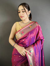 Dista Elora Magenta Lichi Silk Parrot & Floral Woven Design Zari Weaving Paithani Saree, view 2