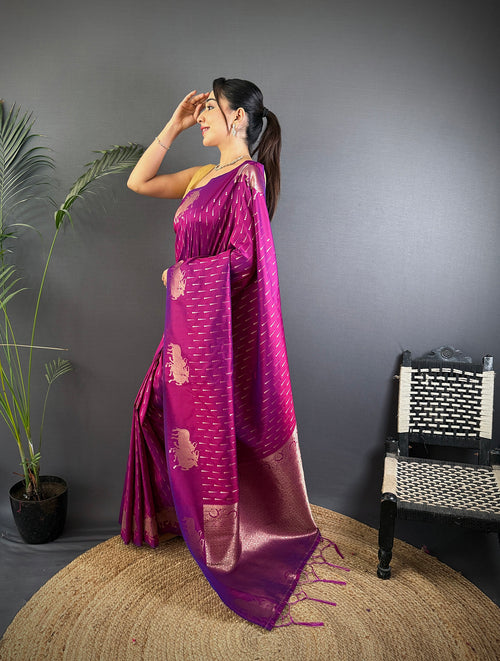 Dista Elora Magenta Lichi Silk Striped Jacquard Zari Weaving Banarasi Saree
