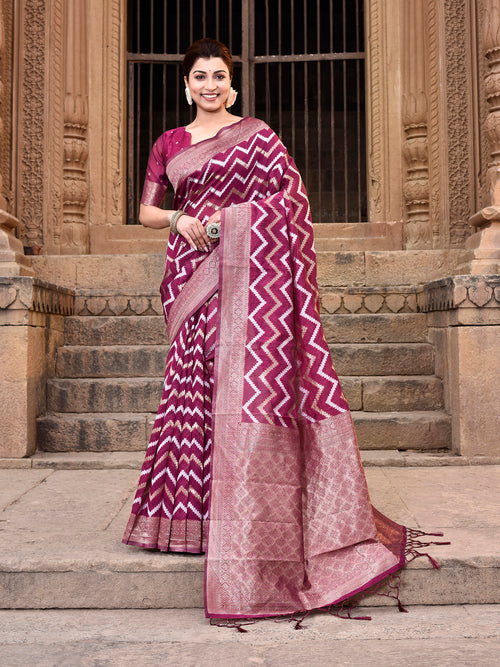 Dista Elora Magenta Linen Zig Zag Ikat Wedding wear Designer Saree