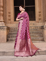 Dista Elora Magenta Linen Zig Zag Ikat Wedding wear Designer Saree, view 2