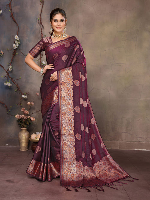 Dista Elora Magenta Pink Fendi Satin Silk Banarasi Jacquard Butta Work Saree With Woven Designed Border